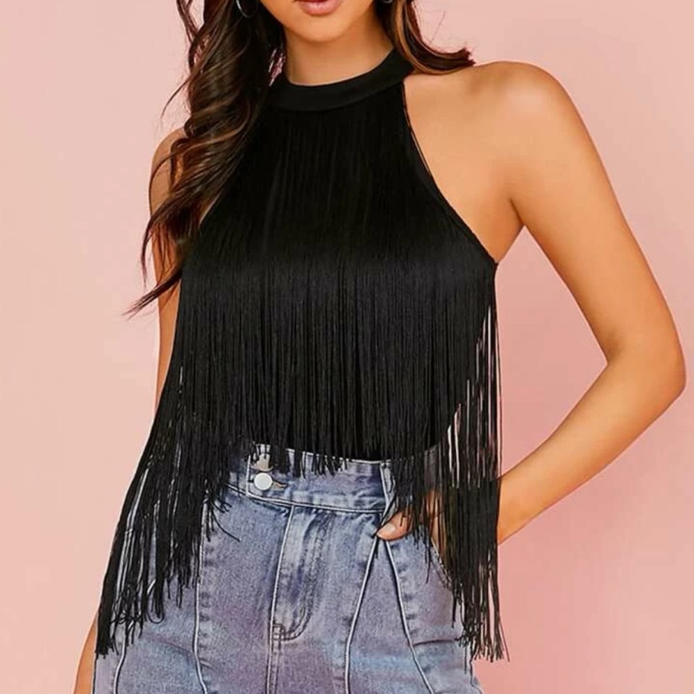 Fringe Black Halter Bodysuit